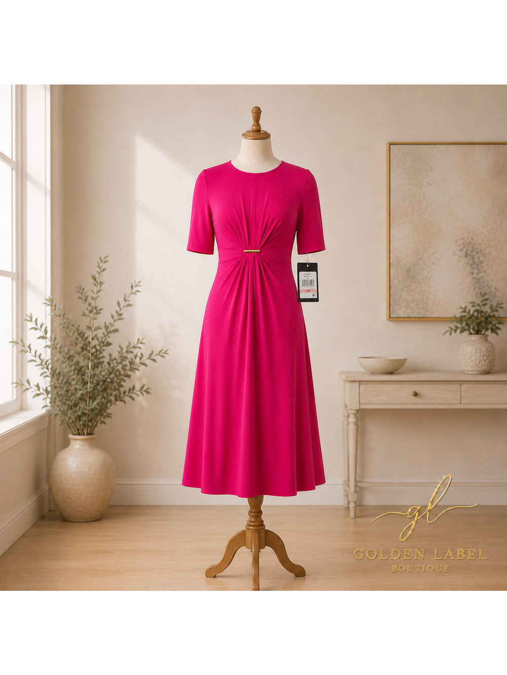 Jessica Howard Petite Jewel-Neck Midi Dress 10P Hot Pink Jewel Waist Pleat NWT